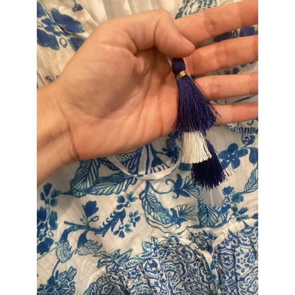 REVOLVE X HOUSE OF HARLOW Boho Mini Shirt Dress Size S Tiered Blue Beachy Tassel - Picture 8 of 15